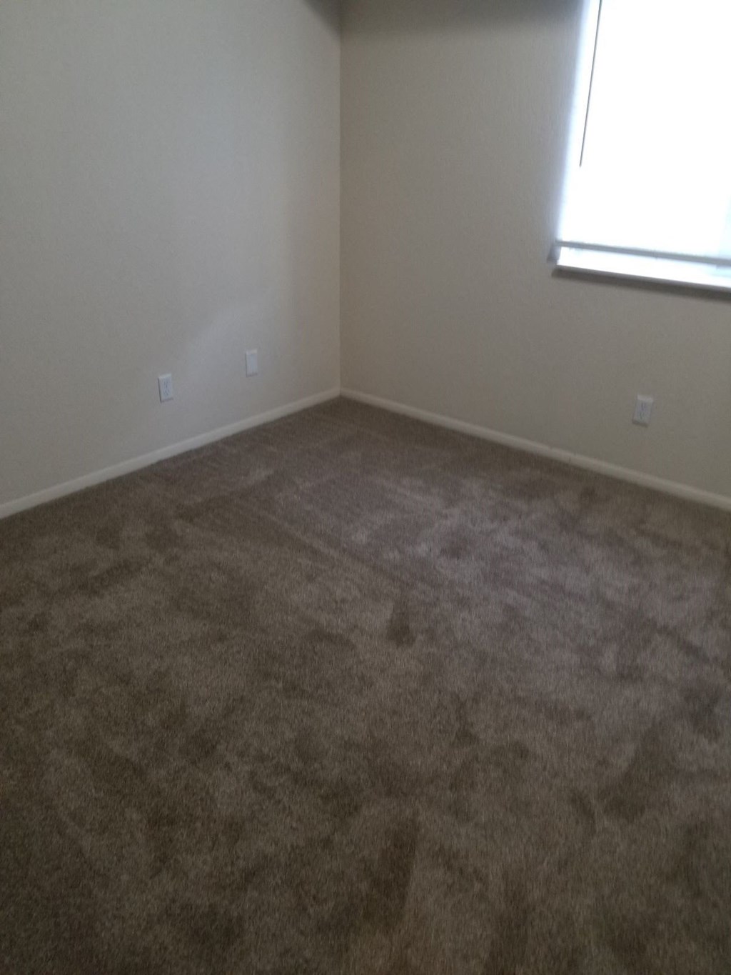 the living room is carpeted and has a large window