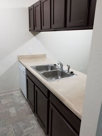 an empty kitchen with a sink and cabinets