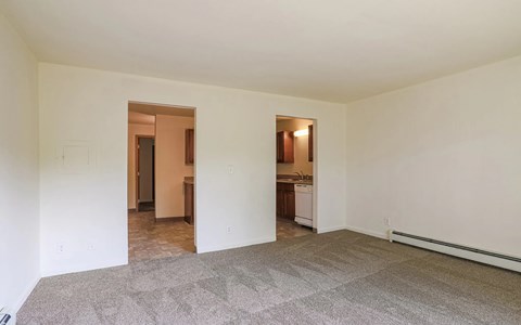 A room with a carpeted floor and a kitchen visible through a doorway.