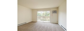 A room with a carpeted floor, a sliding glass door, and a window.