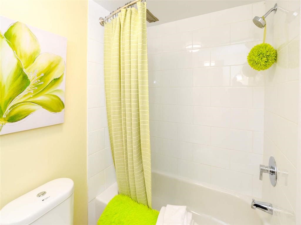 a bathroom with a shower and a toilet and a green rug