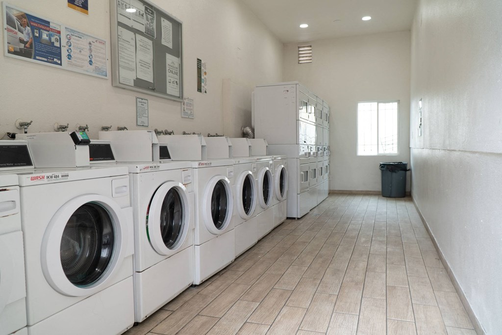 a row of washers and dryers in a laundry room