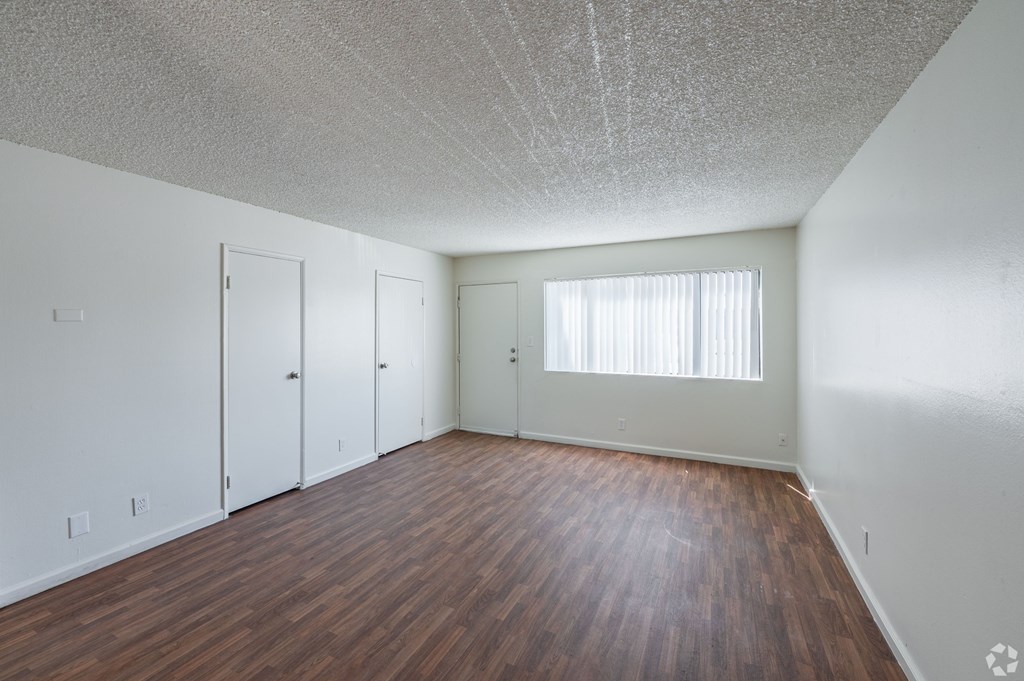 A room with wooden floors, a window, and three doors.