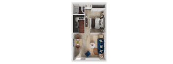 3d floorplan of a 1 bedroom, 1 bathroom unit