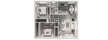 3d floorplan of a 2 bedroom 1 bathroom 800 square foot floorplan.