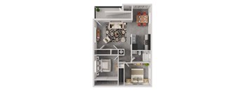 3d floorplan of a 2 bedroom 1 bathroom 825 square foot floorplan.