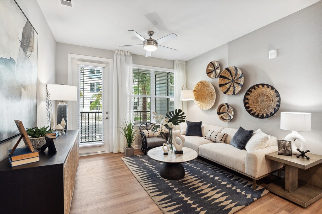 a living room with a couch and a coffee table