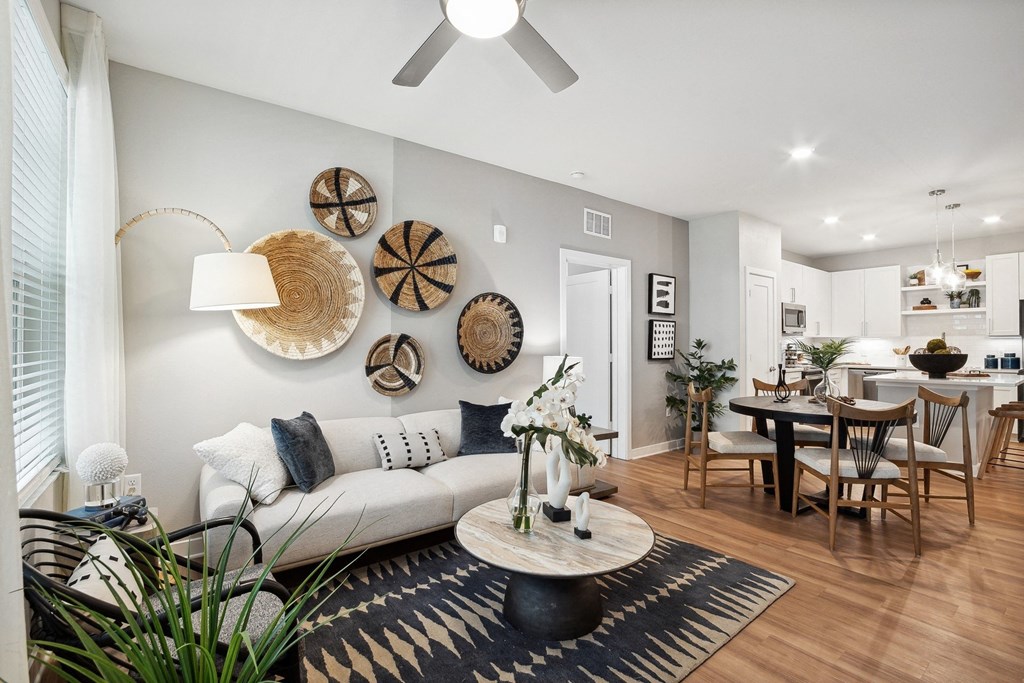 a living room with a couch and a table