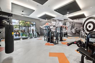 a large gym with a lot of exercise equipment and a mural of a woman on the wall
