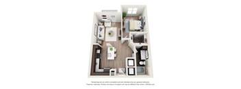 A 3D floor plan of a small apartment with a kitchen, living room, and bedroom.