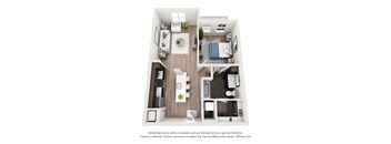 A 3D floor plan of a small apartment with a kitchen, living room, and bedroom.
