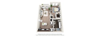 A 3D floor plan of a small apartment with a kitchen, living room, and bedroom.