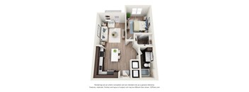 A 3D floor plan of a small apartment with a kitchen, living room, and bedroom.