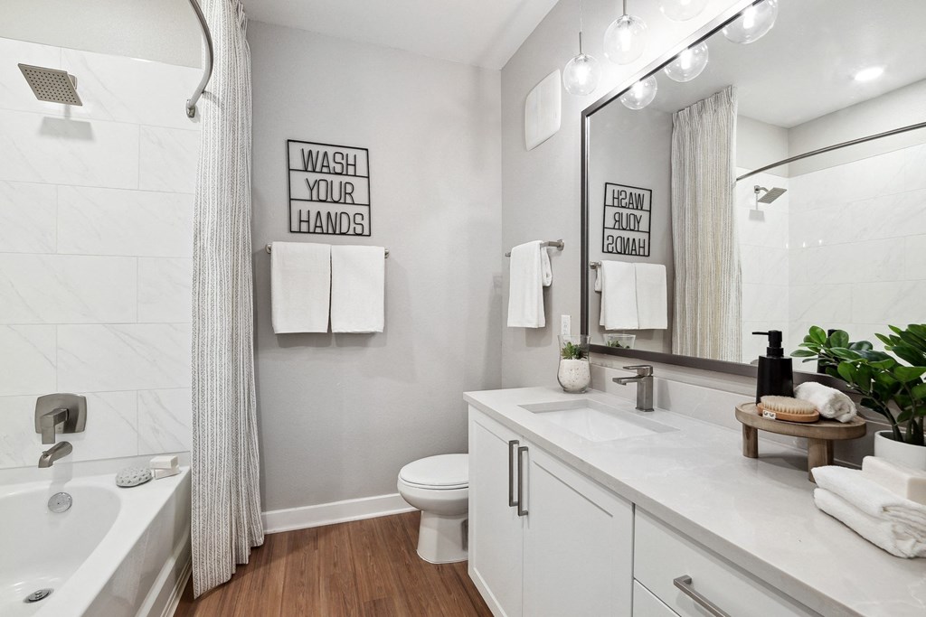 a bathroom with a large mirror and a sink and a toilet