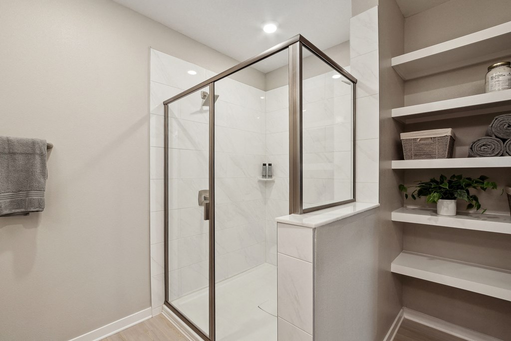 a bathroom with a walk in shower and white shelves