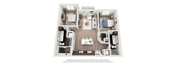 A 3D floor plan of a house with multiple rooms and furniture.