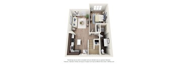 A 3D floor plan of a small apartment with a living room, kitchen, and bathroom.