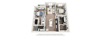 A 3D floor plan of a small apartment with two bedrooms, a living room, and a kitchen.