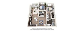 A 3D floor plan of a house with a kitchen, living room, and bedrooms.