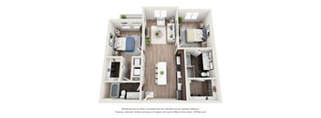 A 3D floor plan of a small apartment with two bedrooms, a living room, and a kitchen.