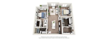 A 3D floor plan of a house with a kitchen, living room, and bedrooms.