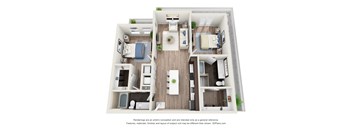 A 3D floor plan of a house with a kitchen, living room, and two bedrooms.