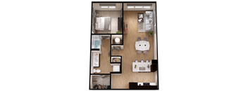 A top-down view of a small apartment with a kitchen, living room, and bedroom.