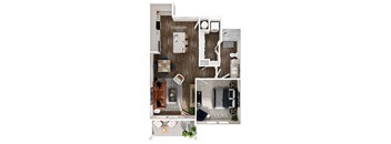 a stylized floor plan of a house with a bedroom and a living room