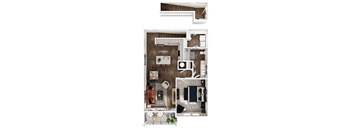 a stylized floor plan of a house with a bedroom and a living room