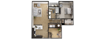 A top-down view of a small apartment with a kitchen, living room, and bedroom.