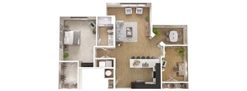 A top-down view of a small apartment with a kitchen, living room, and bedroom.