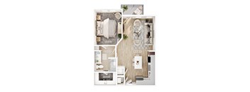 A floor plan of a small apartment with a bedroom, bathroom, kitchen, and living room.