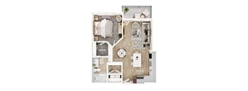 A floor plan of a small apartment with a kitchen, living room, and bathroom.