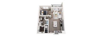a stylized floor plan with a bedroom and a living room