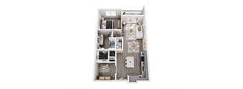 a stylized floor plan with a bedroom and living room