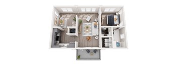 a stylized floor plan with a bedroom and a living room