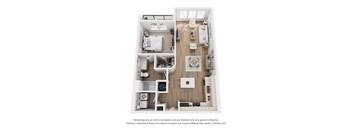 A 3D floor plan of a small apartment with a kitchen, living room, and bedroom.