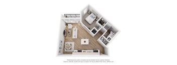 A 3D floor plan of a small apartment with a kitchen, living room, and bedroom.