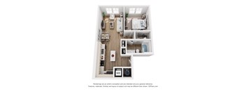 A 3D floor plan of a small apartment with a kitchen, living room, and bedroom.
