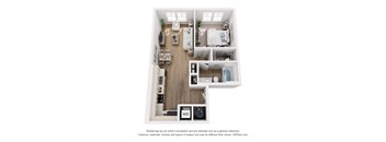 A 3D floor plan of a small apartment with a kitchen, living room, and bedroom.