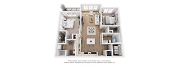 A 3D floor plan of a house with a kitchen, living room, and two bedrooms.
