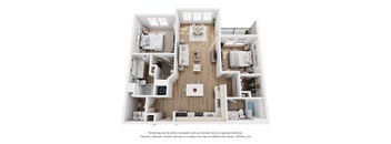 A 3D floor plan of a small apartment with a kitchen, living room, and two bedrooms.