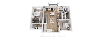 A 3D floor plan of a house with a kitchen, living room, and bedrooms.