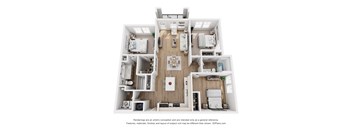 A 3D floor plan of a house with a kitchen, living room, and two bedrooms.