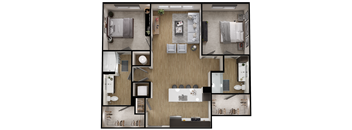 A top-down view of a modern apartment layout with a kitchen, living room, and bedrooms.