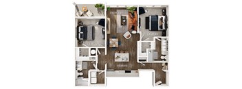 a 3d floor plan of a house with furniture and a living room