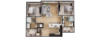 A top down view of a modern apartment layout.