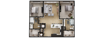A top-down view of a modern apartment layout with a kitchen, living room, and bedrooms.
