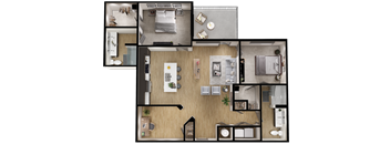 A top-down view of a small apartment layout with a kitchen, living room, and bedroom.