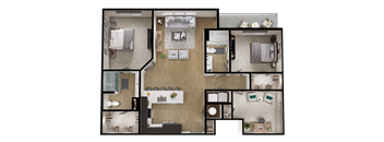 A top-down view of a small apartment with a kitchen, living room, and bedroom.